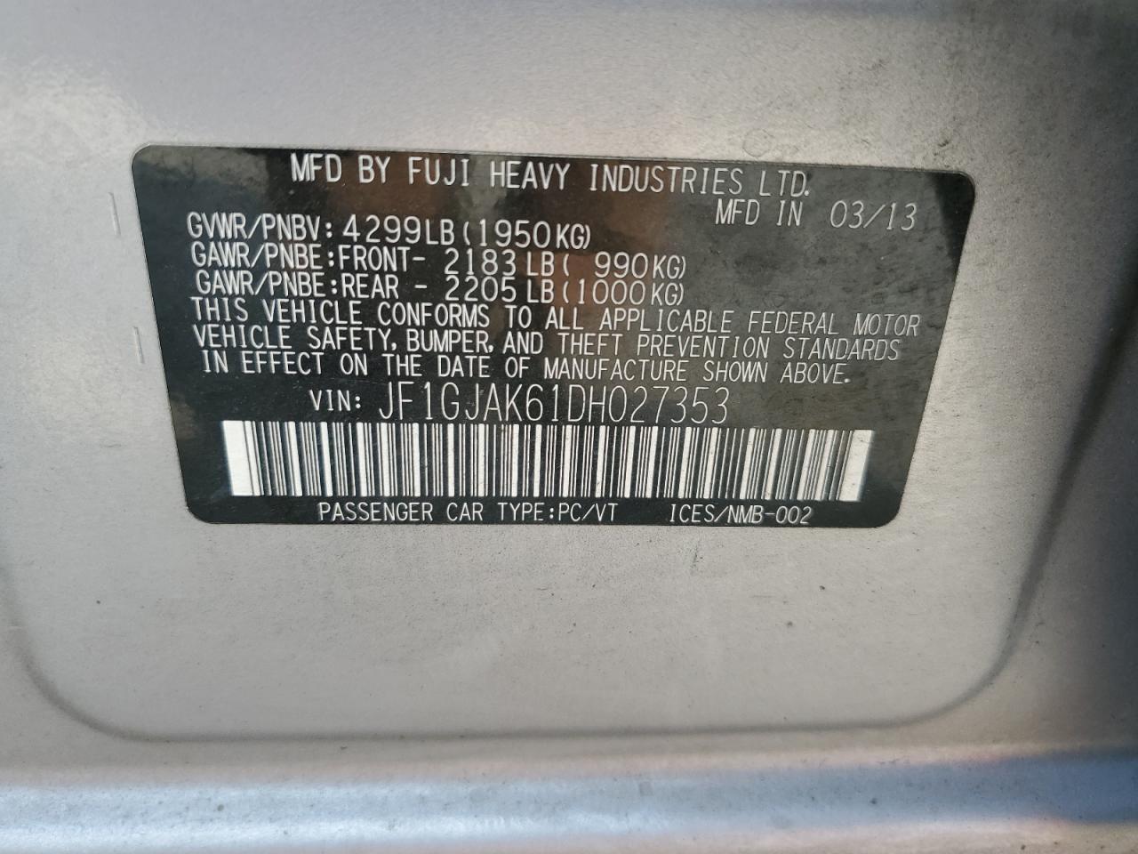 2013 Subaru Impreza Limited VIN: JF1GJAK61DH027353 Lot: 66442604