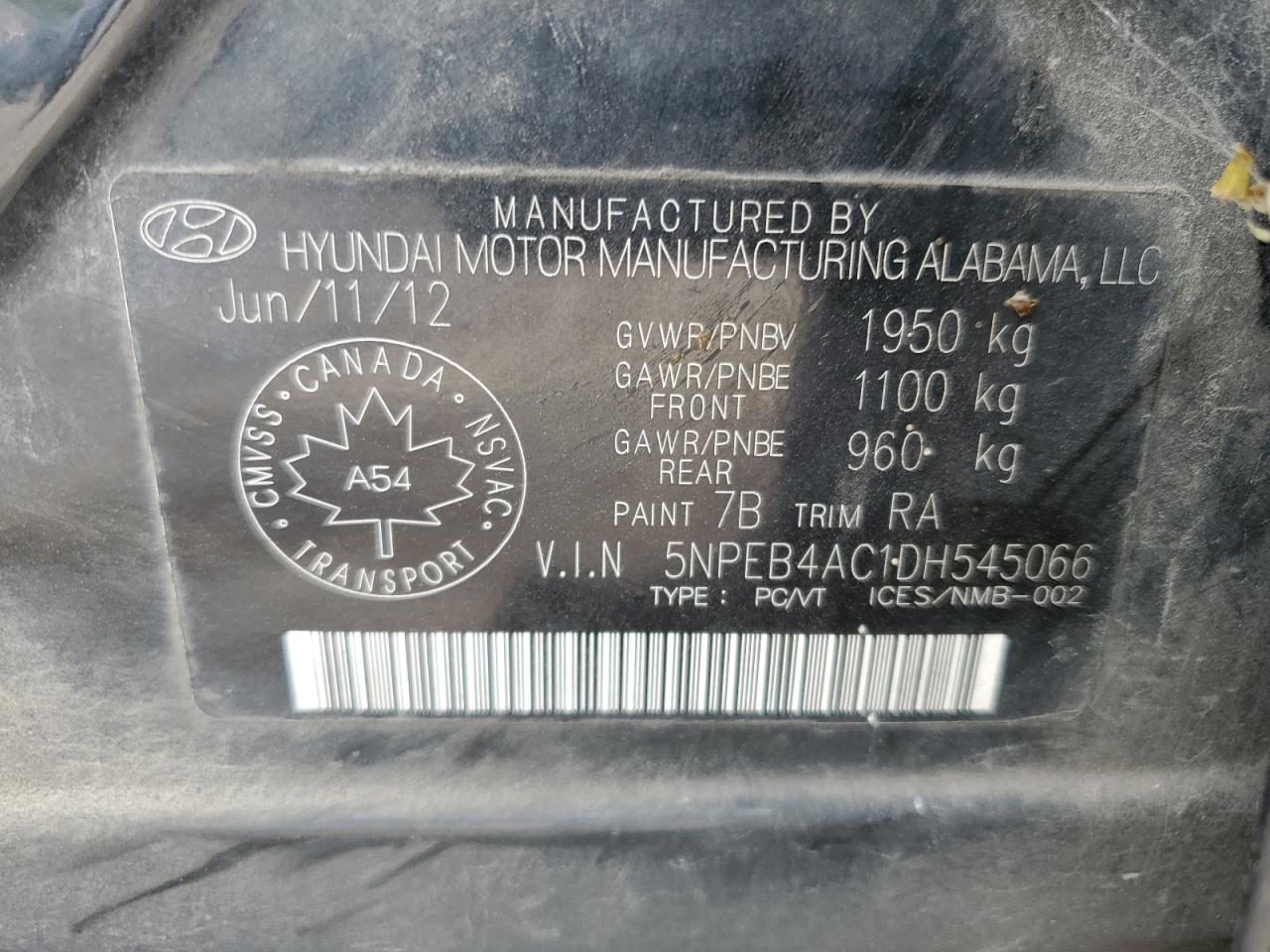 2013 Hyundai Sonata Gls VIN: 5NPEB4AC1DH545066 Lot: 68548124