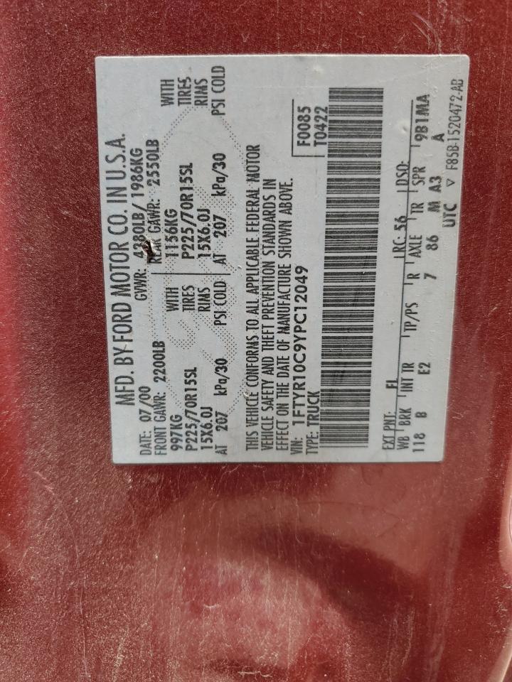 2000 Ford Ranger VIN: 1FTYR10C9YPC12049 Lot: 67160314