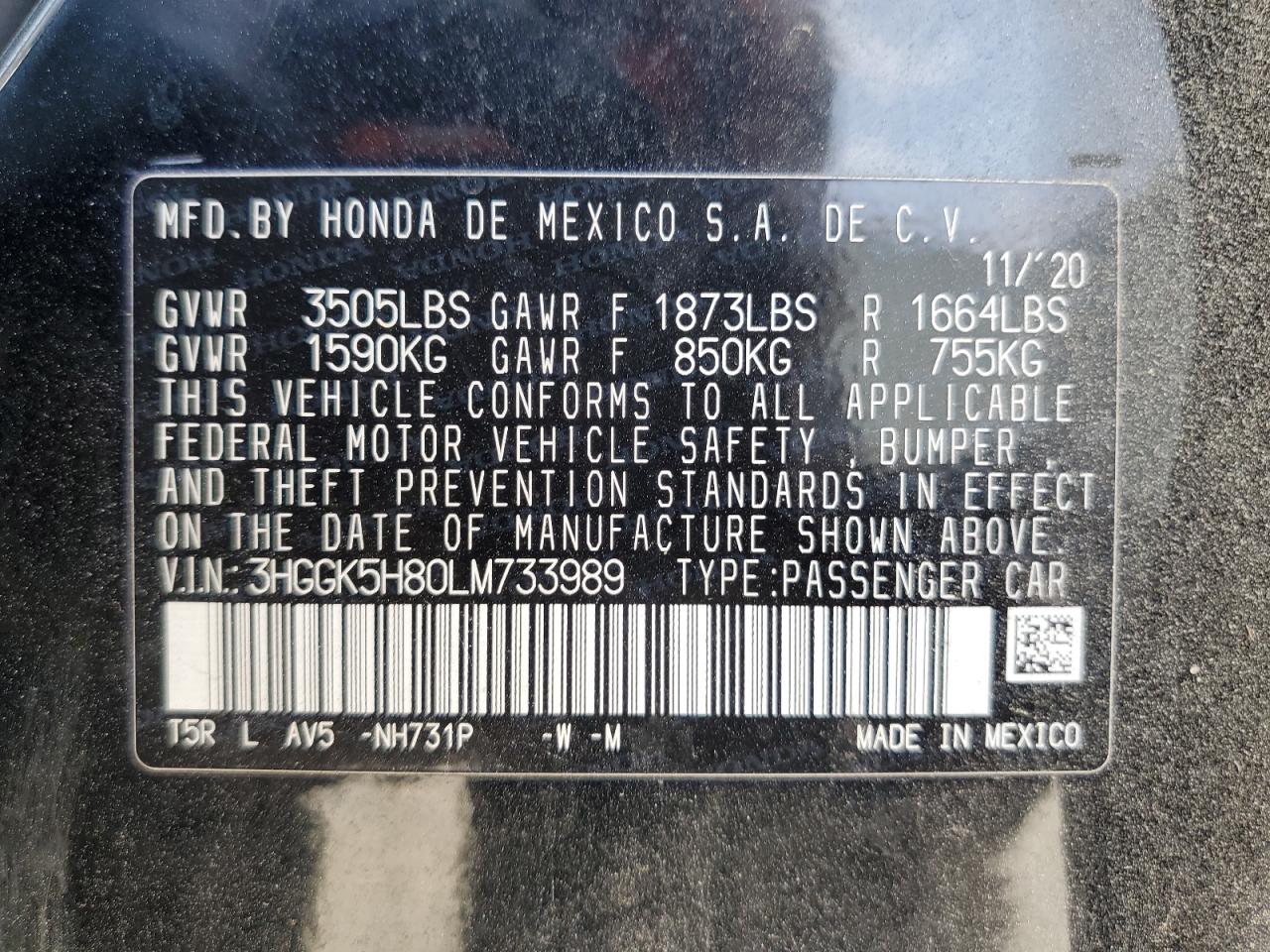 2020 Honda Fit Ex VIN: 3HGGK5H80LM733989 Lot: 65256804