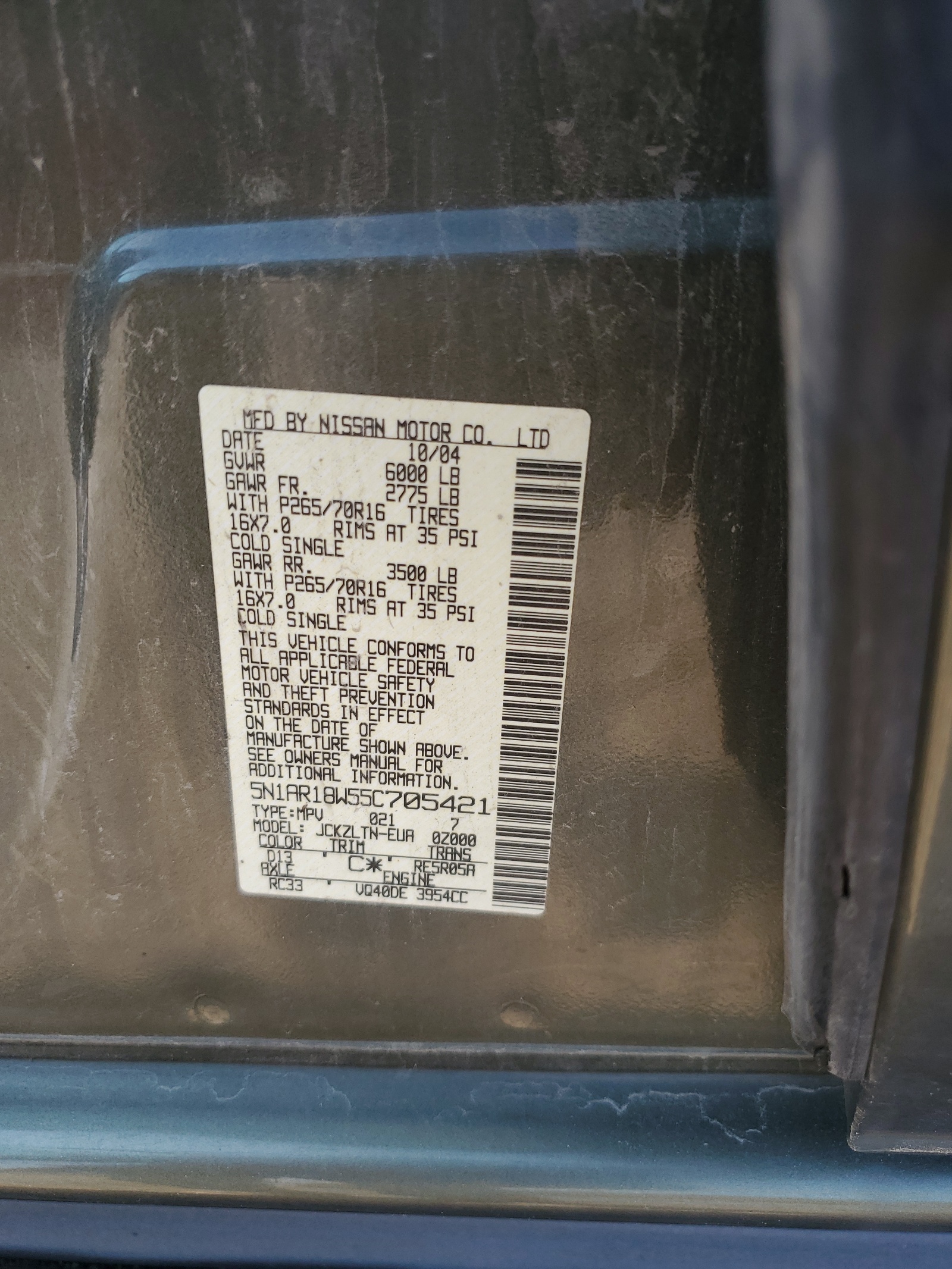 5N1AR18W55C705421 2005 Nissan Pathfinder Le