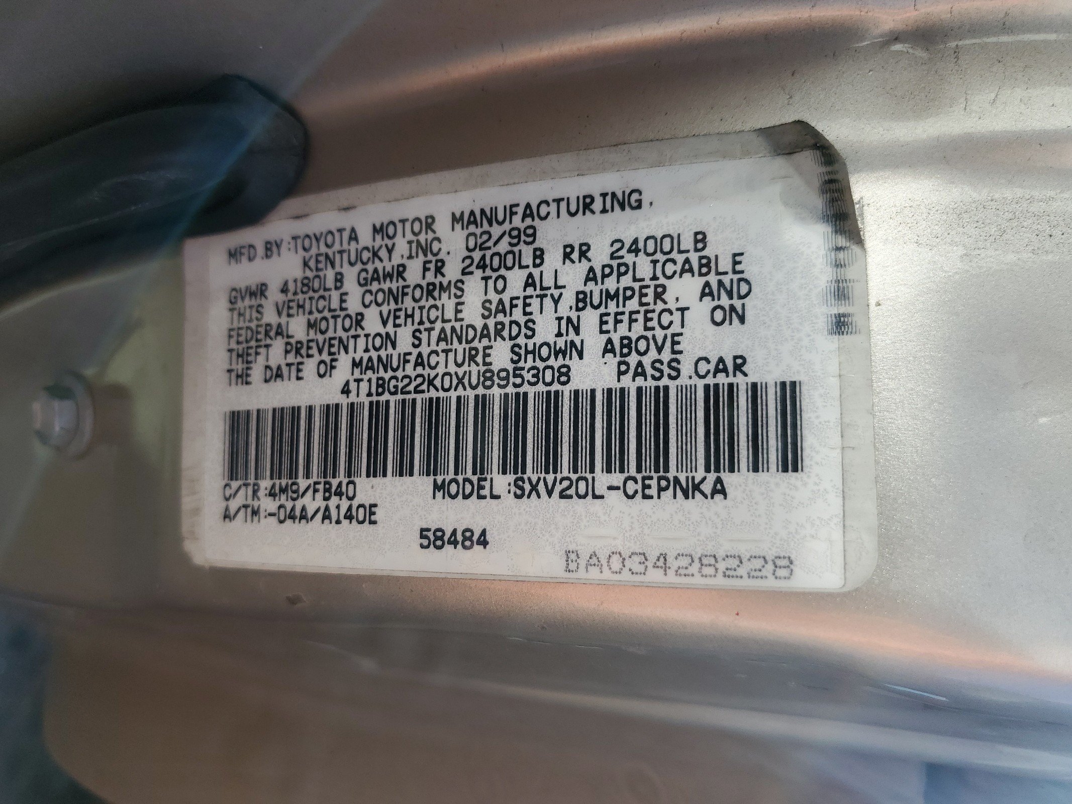 4T1BG22K0XU895308 1999 Toyota Camry Ce