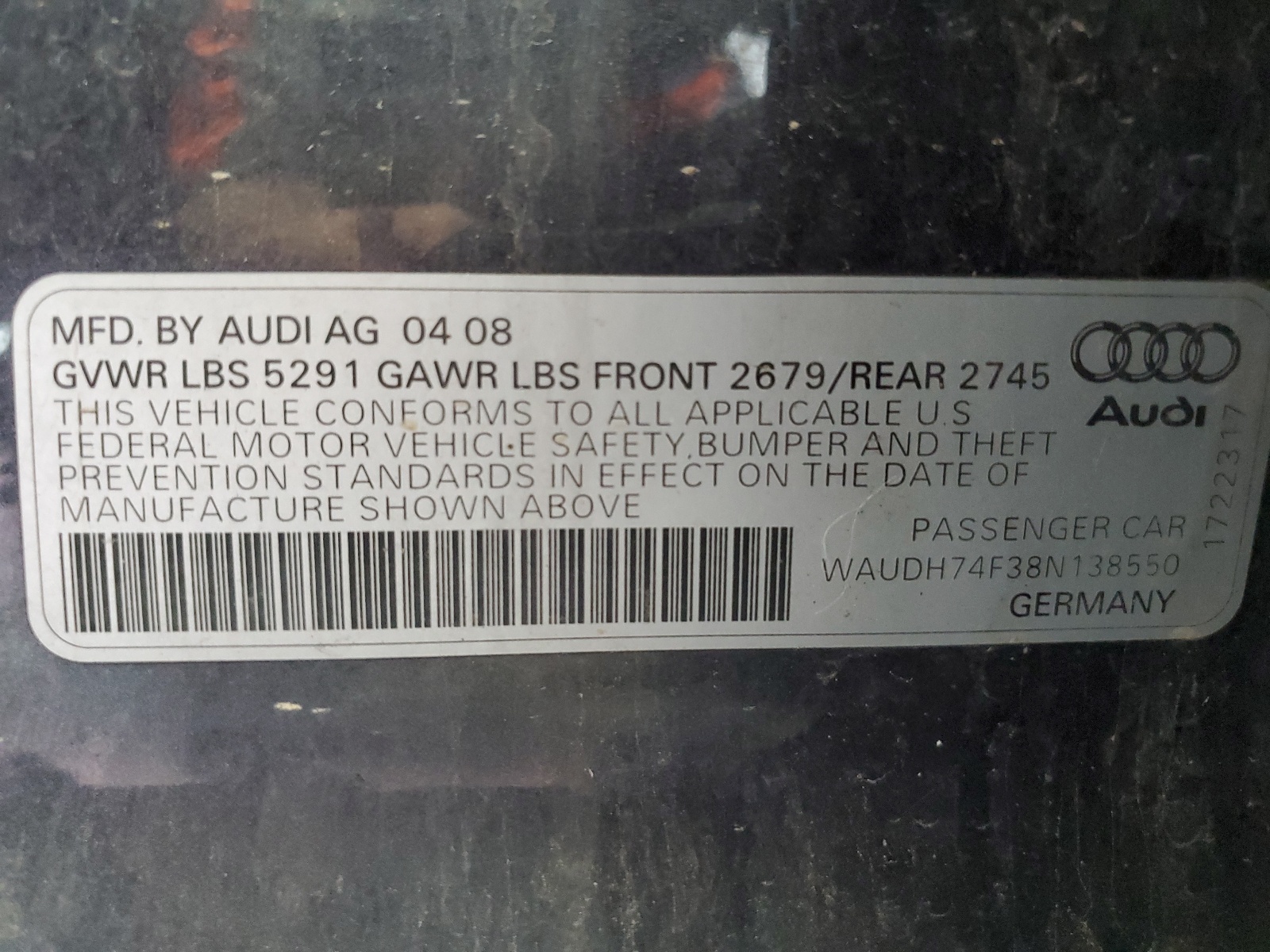 WAUDH74F38N138550 2008 Audi A6 3.2 Quattro