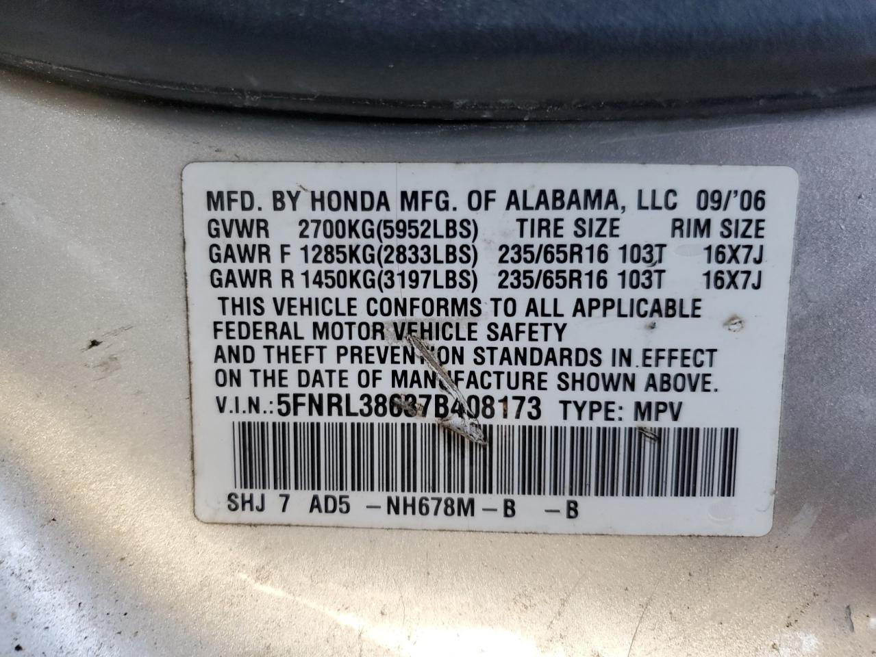 5FNRL38637B408173 2007 Honda Odyssey Exl