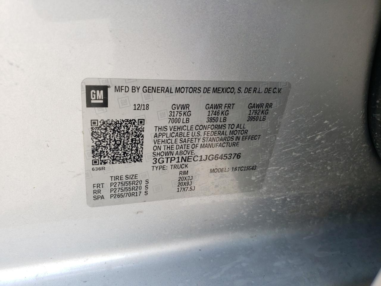 3GTP1NEC1JG645376 2018 GMC Sierra C1500 Slt