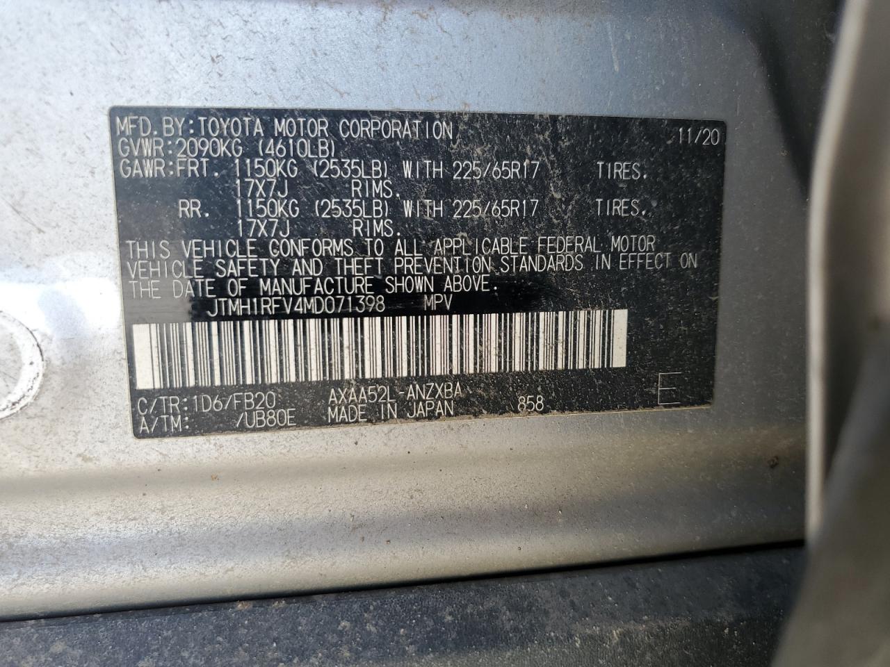 JTMH1RFV4MD071398 2021 Toyota Rav4 Le