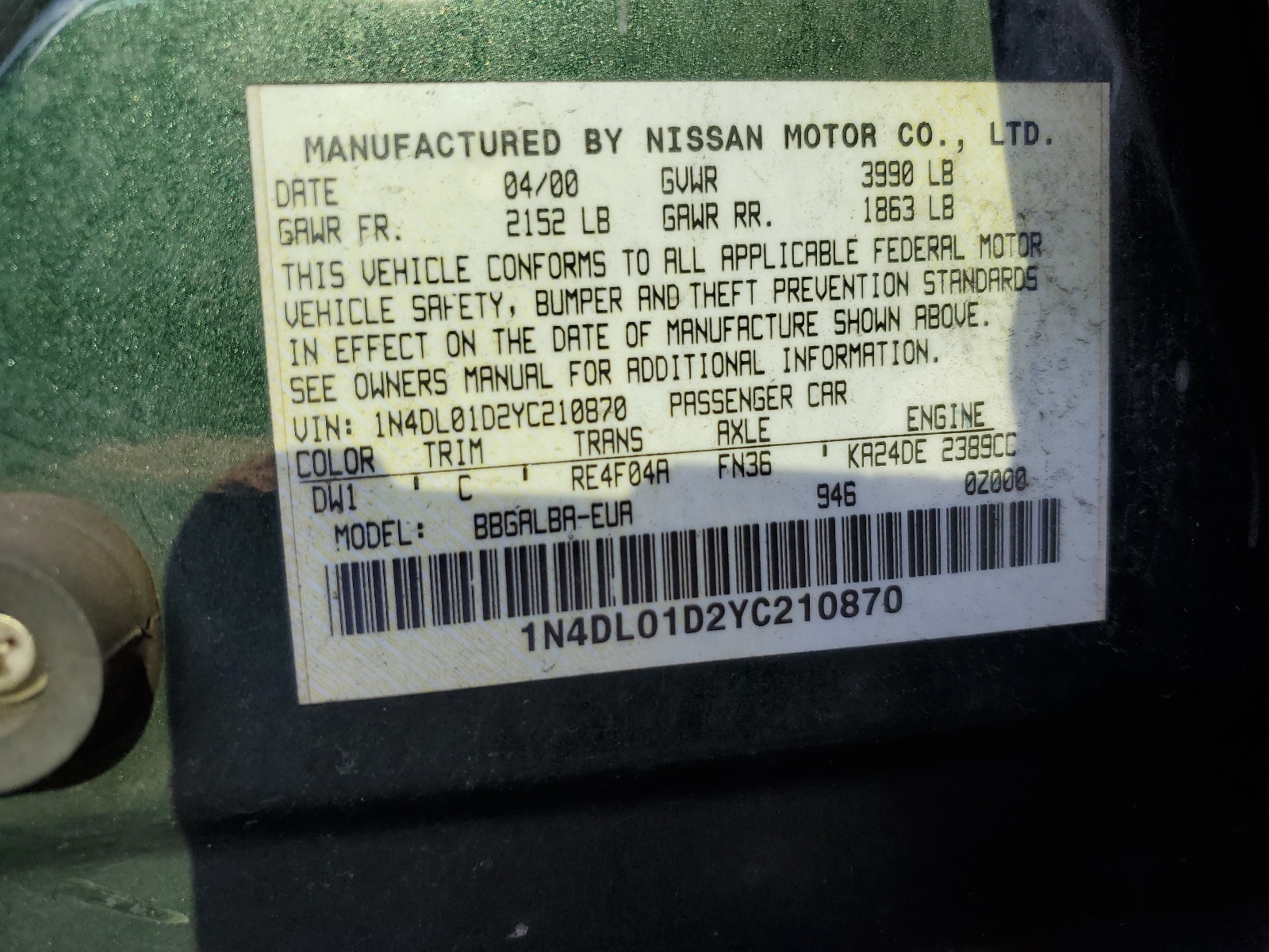 1N4DL01D2YC210870 2000 Nissan Altima Xe