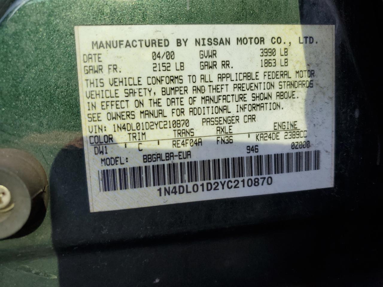 2000 Nissan Altima Xe VIN: 1N4DL01D2YC210870 Lot: 68215924