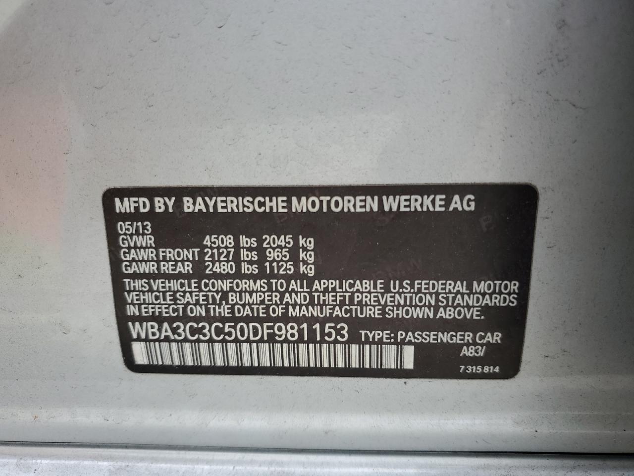 2013 BMW 320 I xDrive VIN: WBA3C3C50DF981153 Lot: 65999434