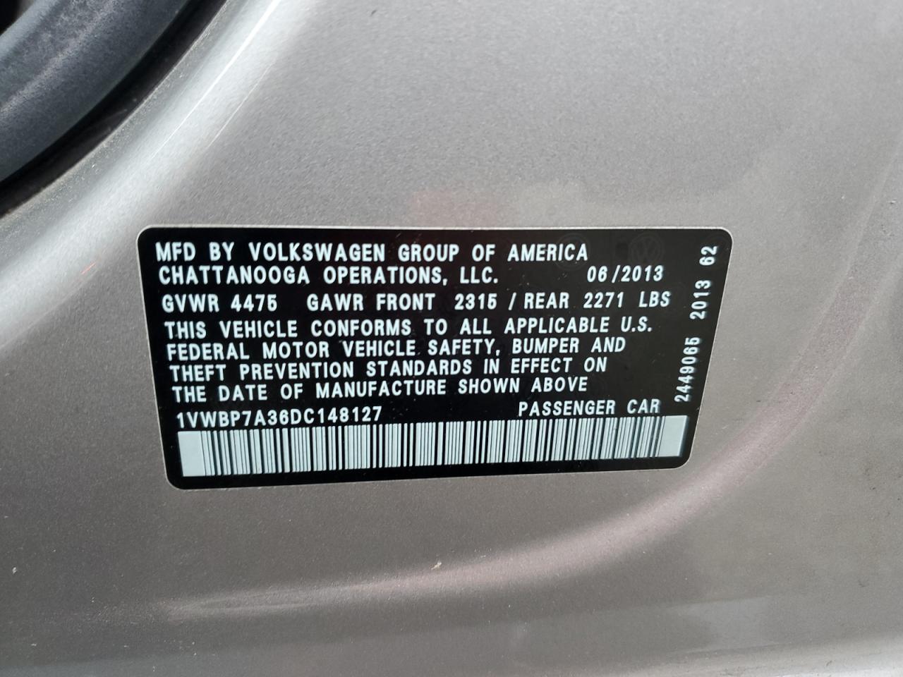 2013 Volkswagen Passat Se VIN: 1VWBP7A36DC148127 Lot: 66183924