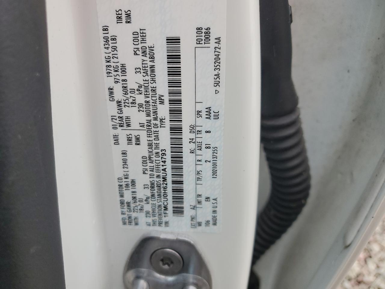 2021 Ford Escape Sel VIN: 1FMCU0H62MUA14793 Lot: 65553084