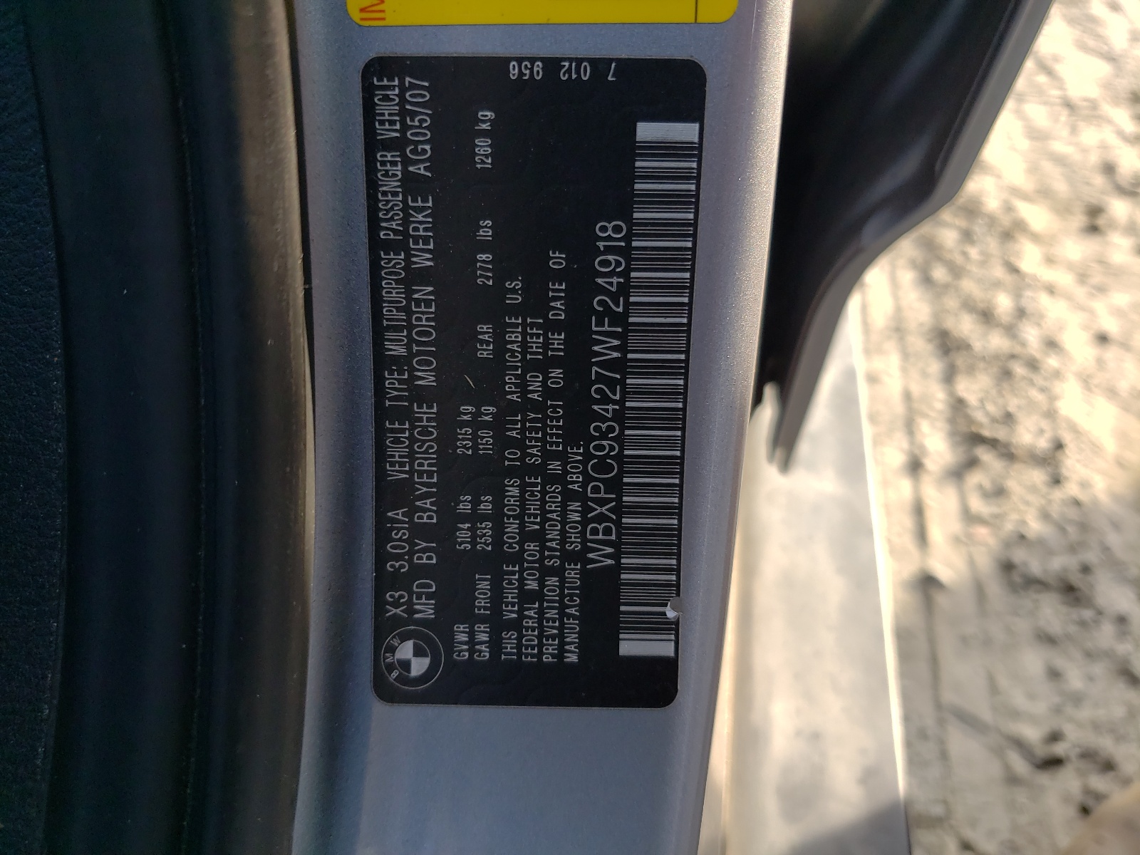 WBXPC93427WF24918 2007 BMW X3 3.0Si