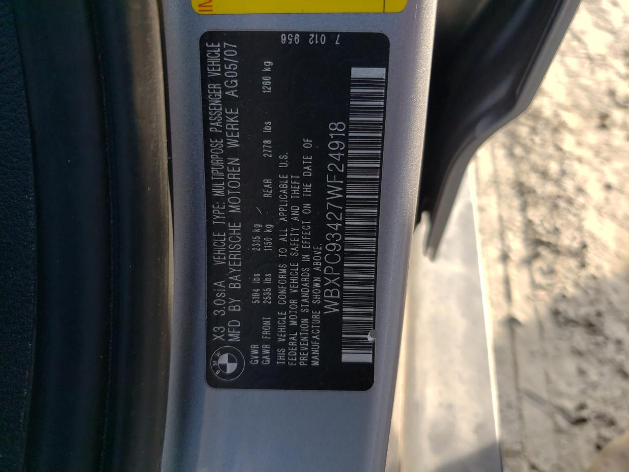 2007 BMW X3 3.0Si VIN: WBXPC93427WF24918 Lot: 65759564