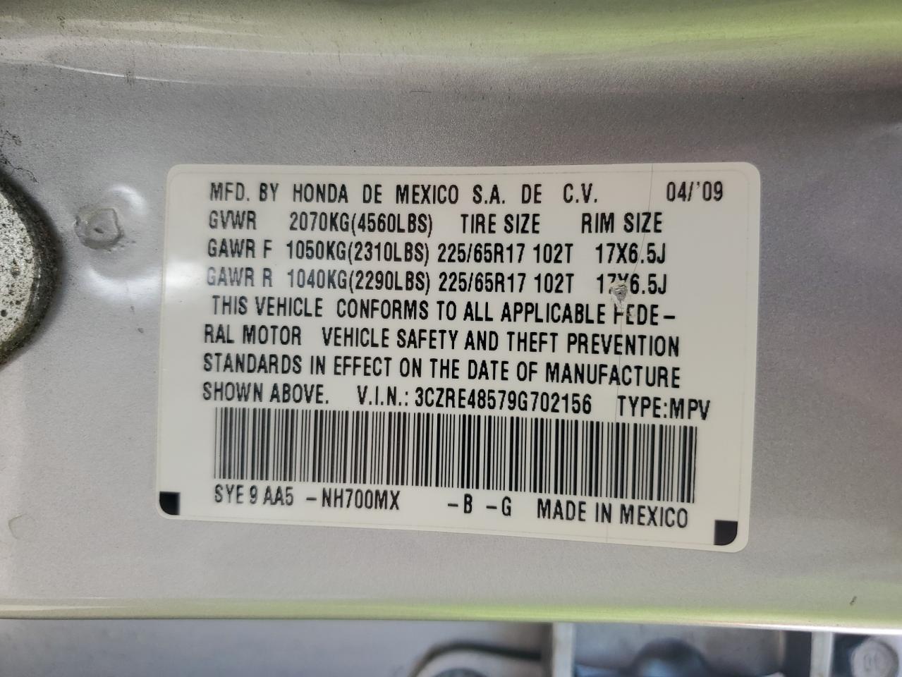2009 Honda Cr-V Ex VIN: 3CZRE48579G702156 Lot: 66249834