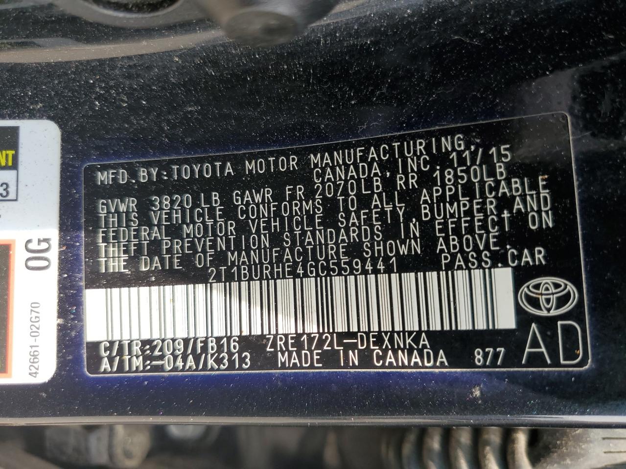 2016 Toyota Corolla L VIN: 2T1BURHE4GC559441 Lot: 66727574