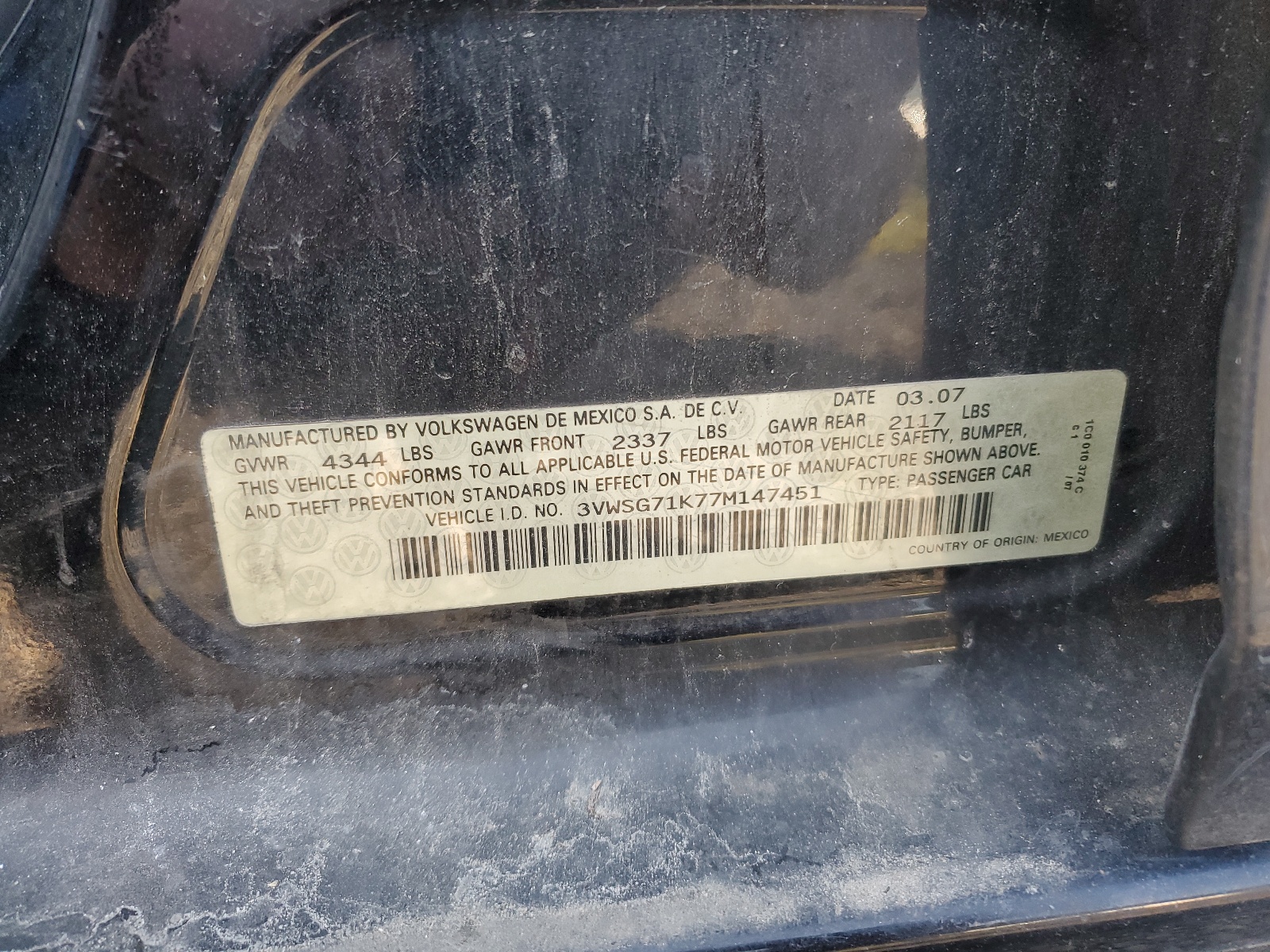 3VWSG71K77M147451 2007 Volkswagen Jetta 2.5 Option Package 1