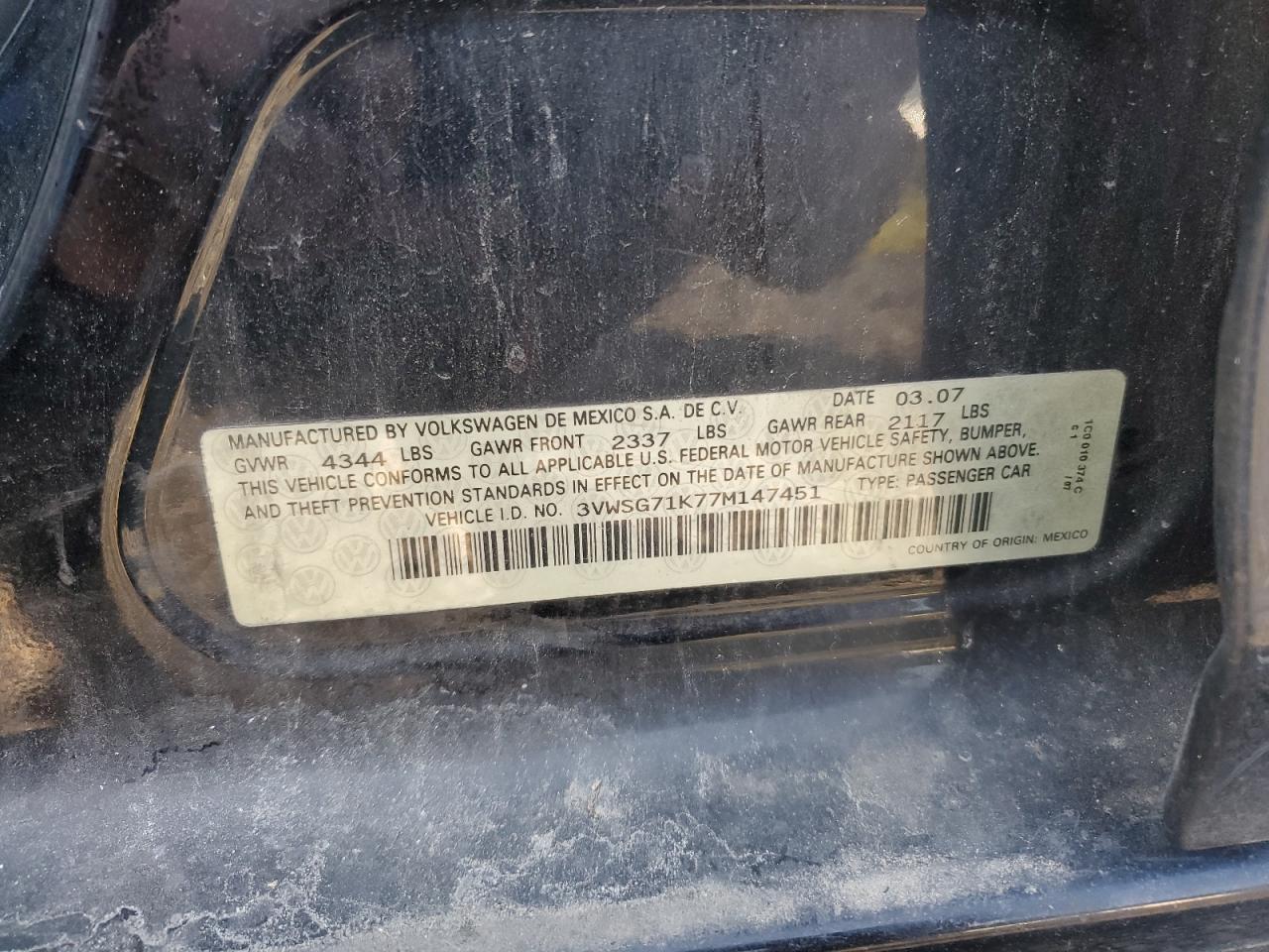 2007 Volkswagen Jetta 2.5 Option Package 1 VIN: 3VWSG71K77M147451 Lot: 68679584