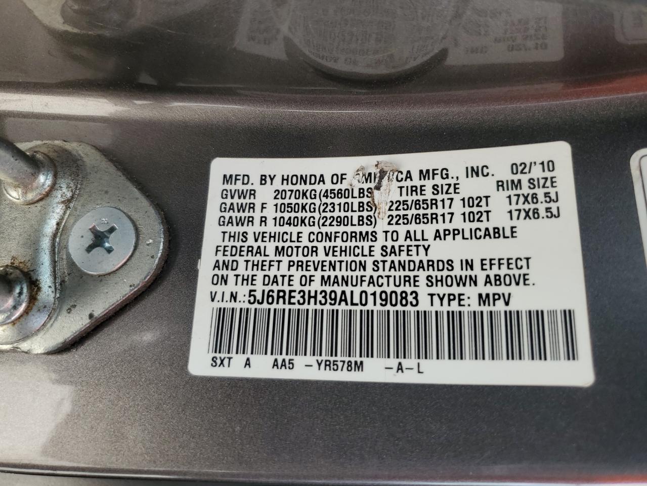 2010 Honda Cr-V Lx VIN: 5J6RE3H39AL019083 Lot: 68086364