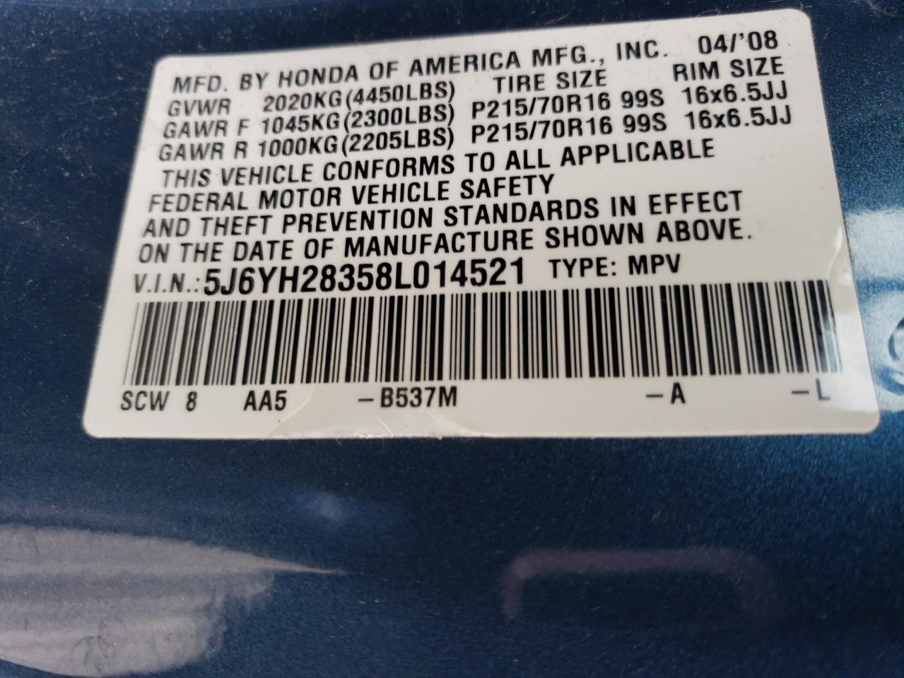 2008 Honda Element Lx VIN: 5J6YH28358L014521 Lot: 66969124