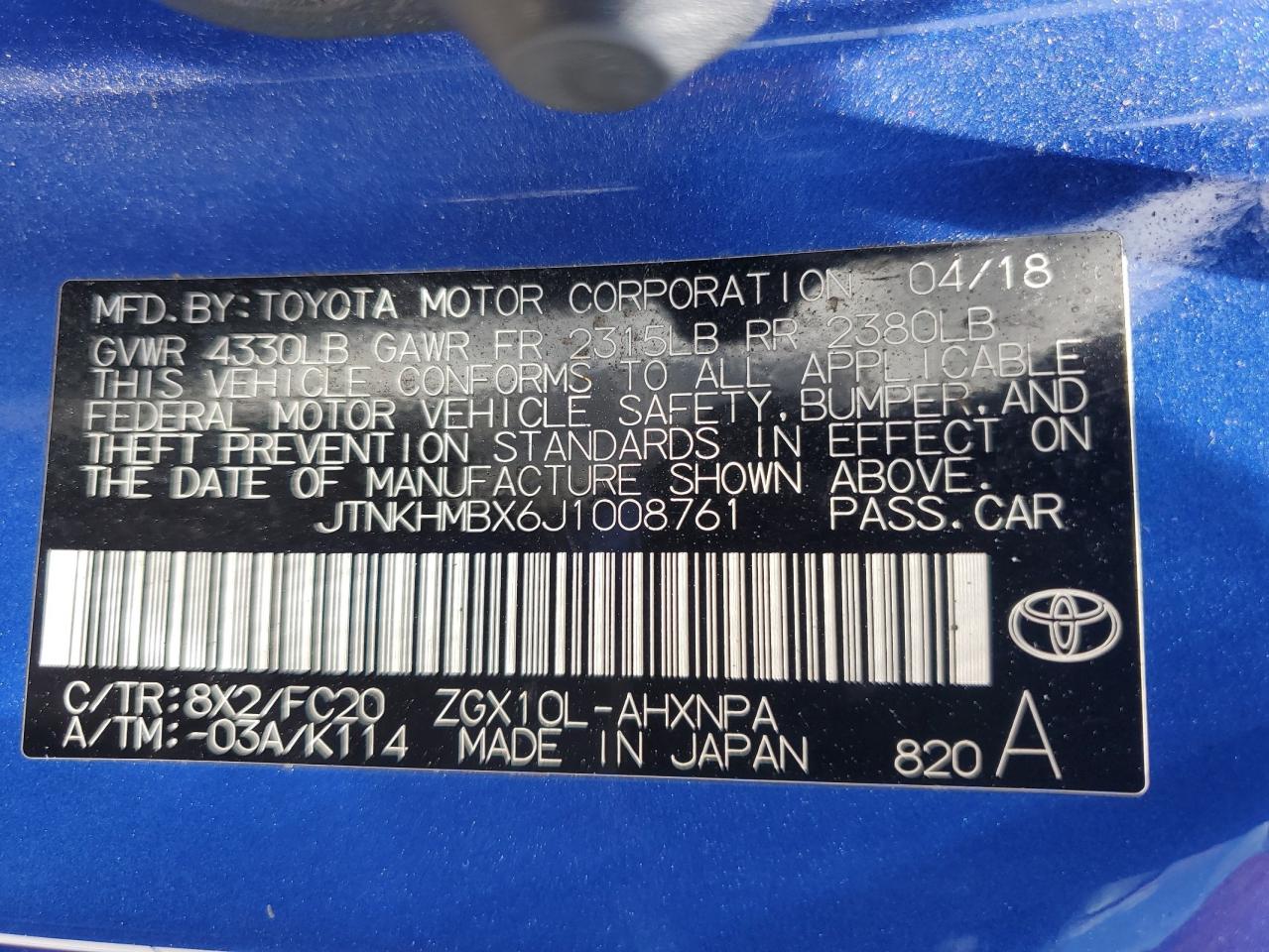 2018 Toyota C-Hr Xle VIN: JTNKHMBX6J1008761 Lot: 67996664