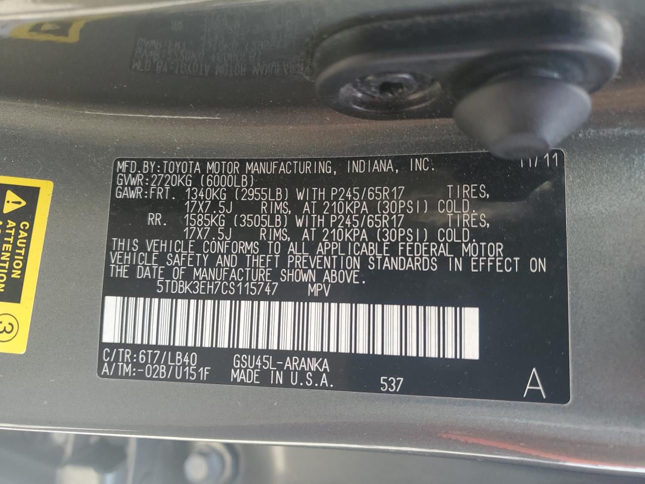 2012 Toyota Highlander Base VIN: 5TDBK3EH7CS115747 Lot: 68334964