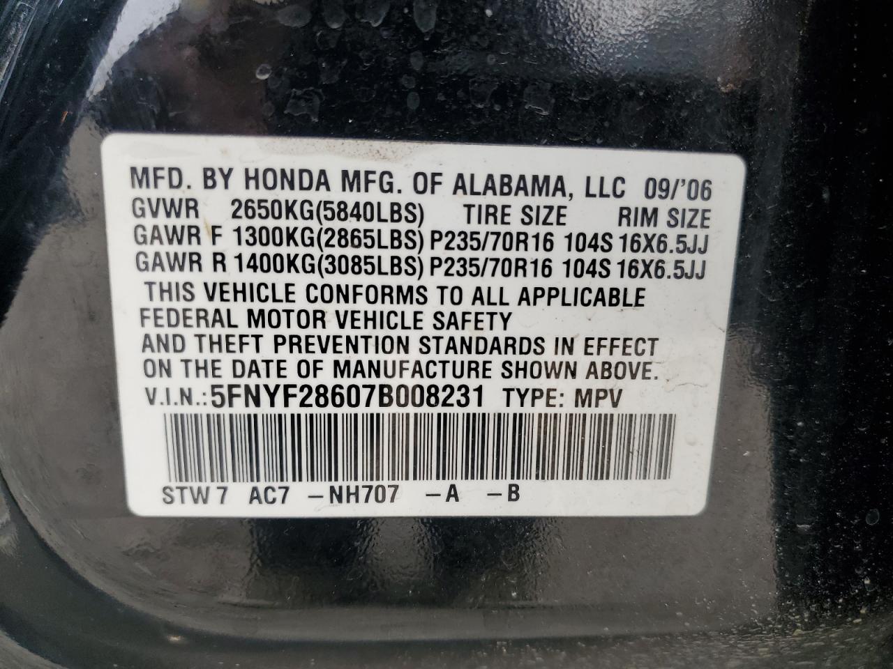 2007 Honda Pilot Exl VIN: 5FNYF28607B008231 Lot: 66195974