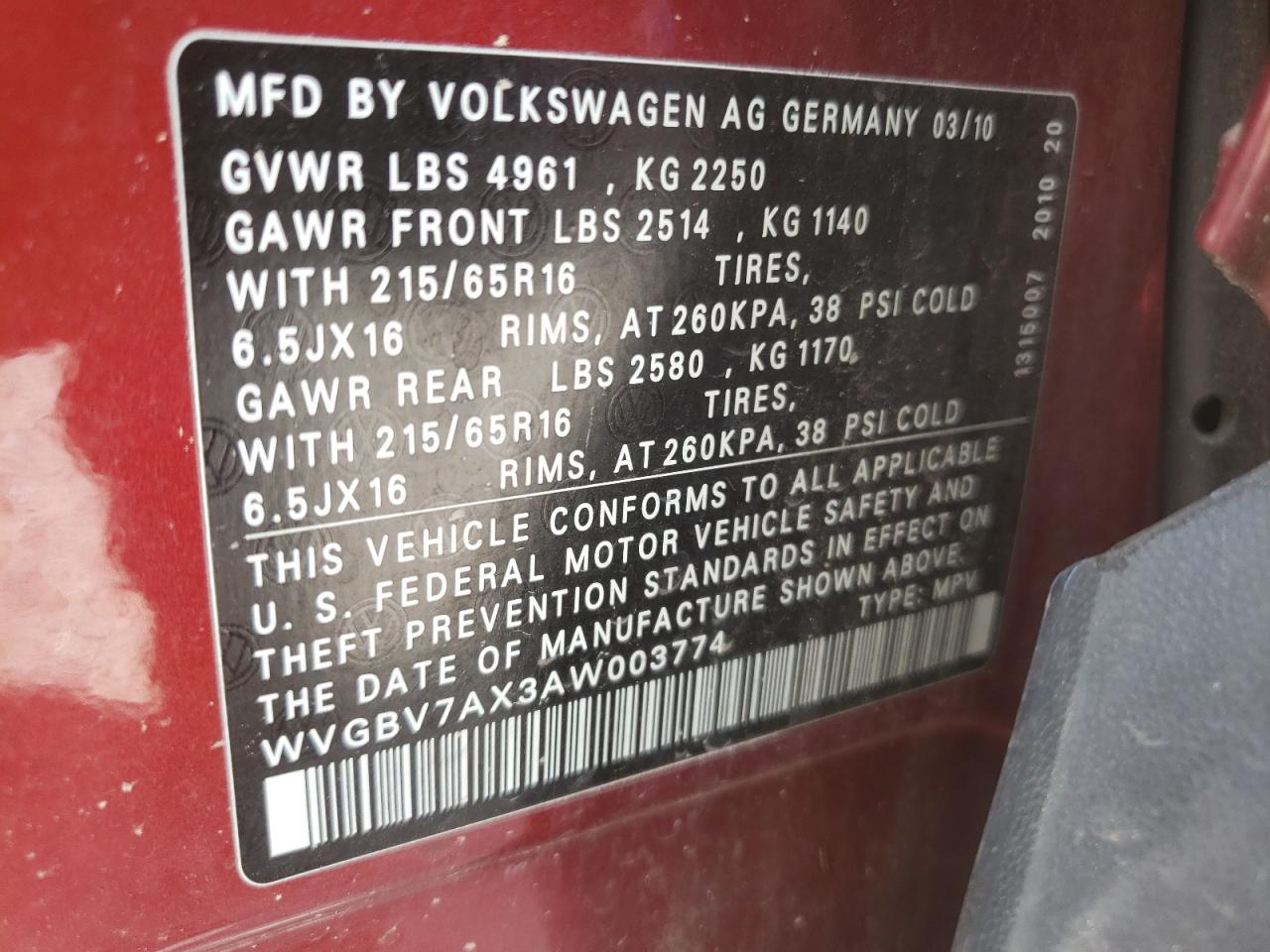 WVGBV7AX3AW003774 2010 Volkswagen Tiguan Se