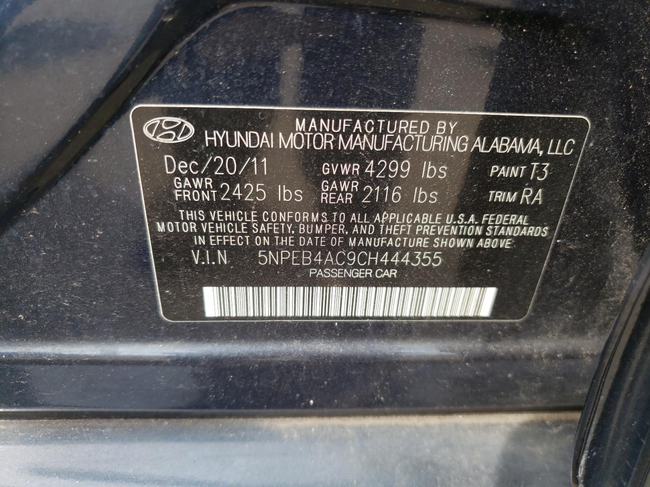 2012 Hyundai Sonata Gls VIN: 5NPEB4AC9CH444355 Lot: 68823744