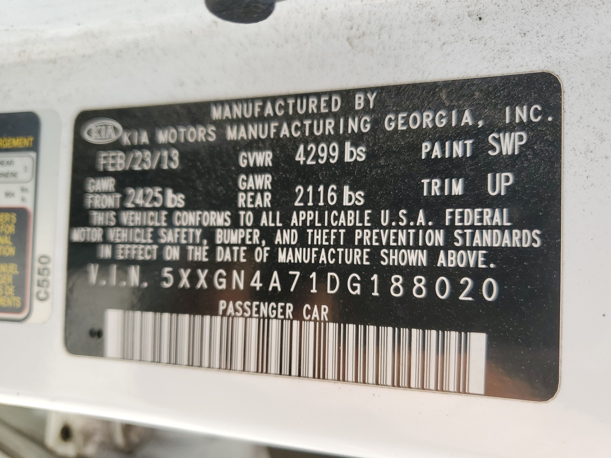 5XXGN4A71DG188020 2013 Kia Optima Ex