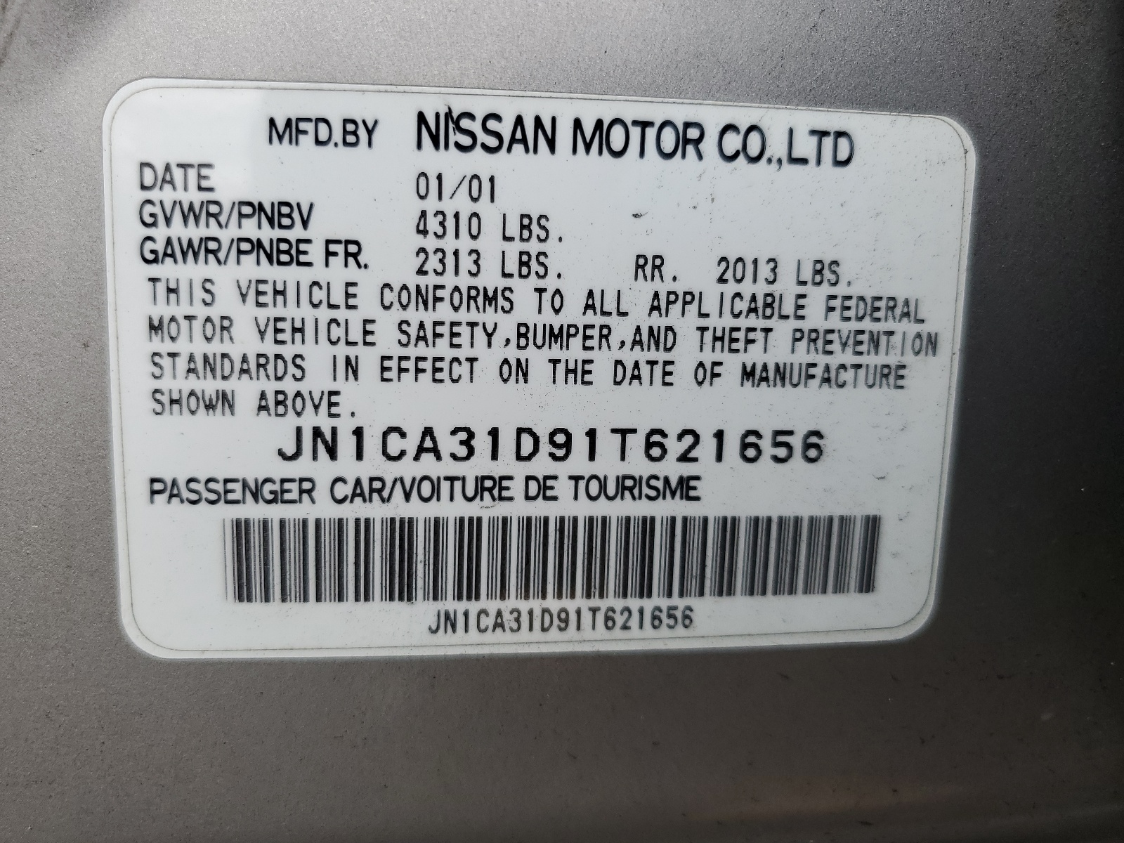 JN1CA31D91T621656 2001 Nissan Maxima Gxe