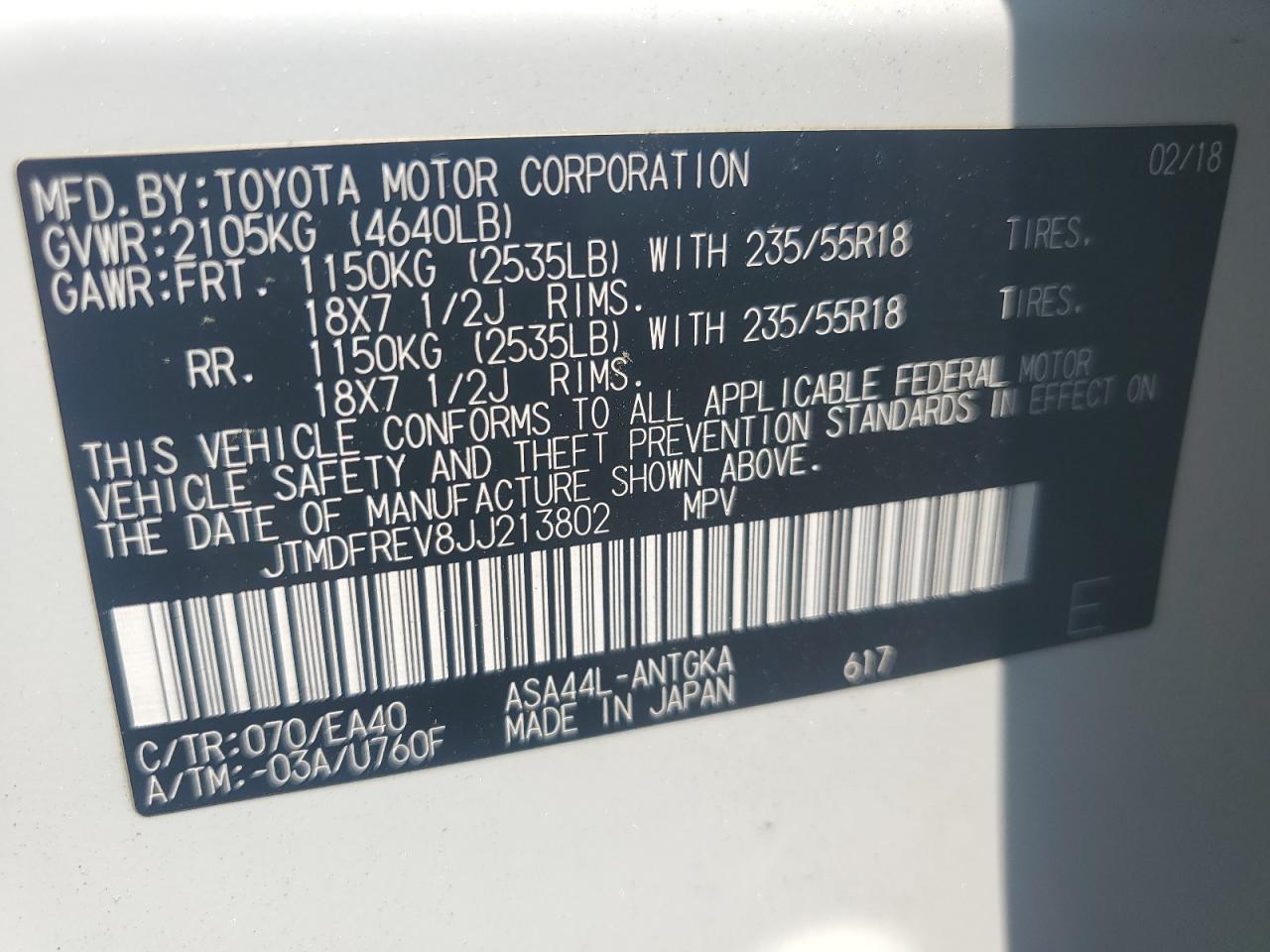 2018 Toyota Rav4 Limited VIN: JTMDFREV8JJ213802 Lot: 69669804