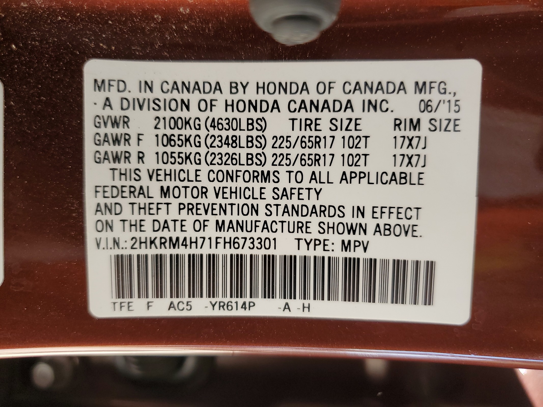 2HKRM4H71FH673301 2015 Honda Cr-V Exl