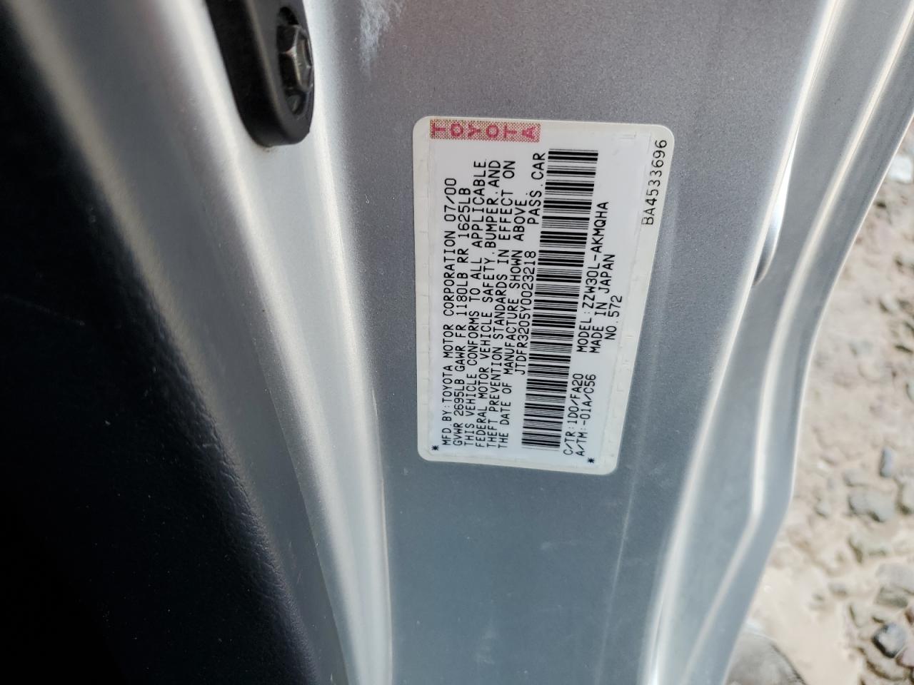 2000 Toyota Mr2 Spyder VIN: JTDFR3205Y0023218 Lot: 66339084