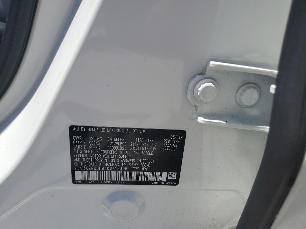 2019 Honda Hr-V Touring VIN: 3CZRU6H93KM716306 Lot: 65948614