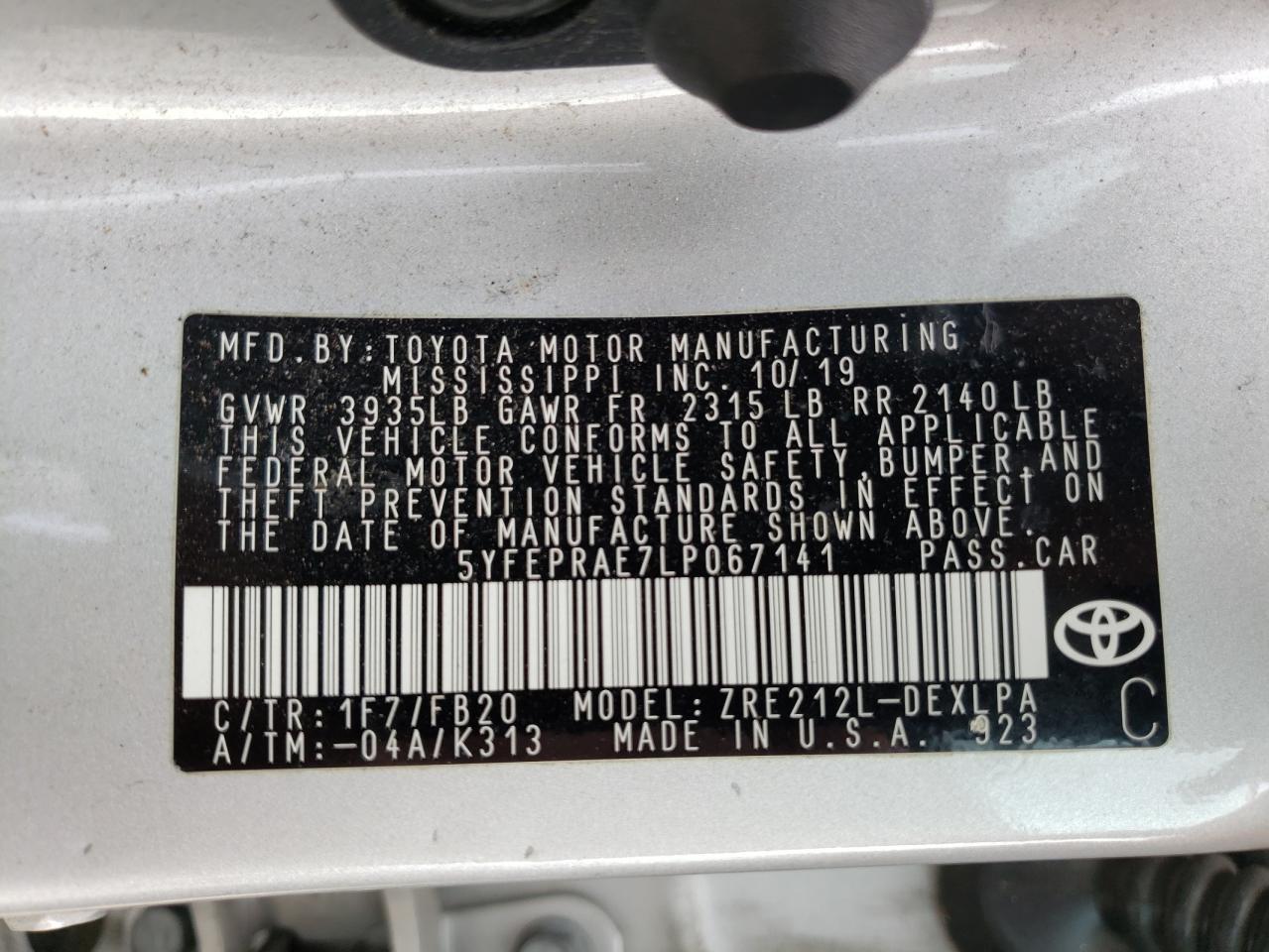 5YFEPRAE7LP067141 TOYOTA COROLLA 2020