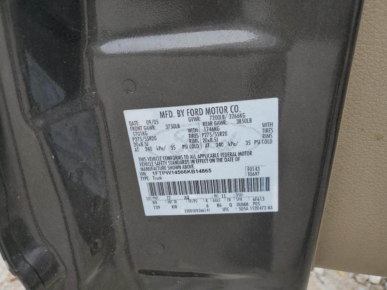 2006 Ford F150 Supercrew VIN: 1FTPW14566KB14865 Lot: 67925134