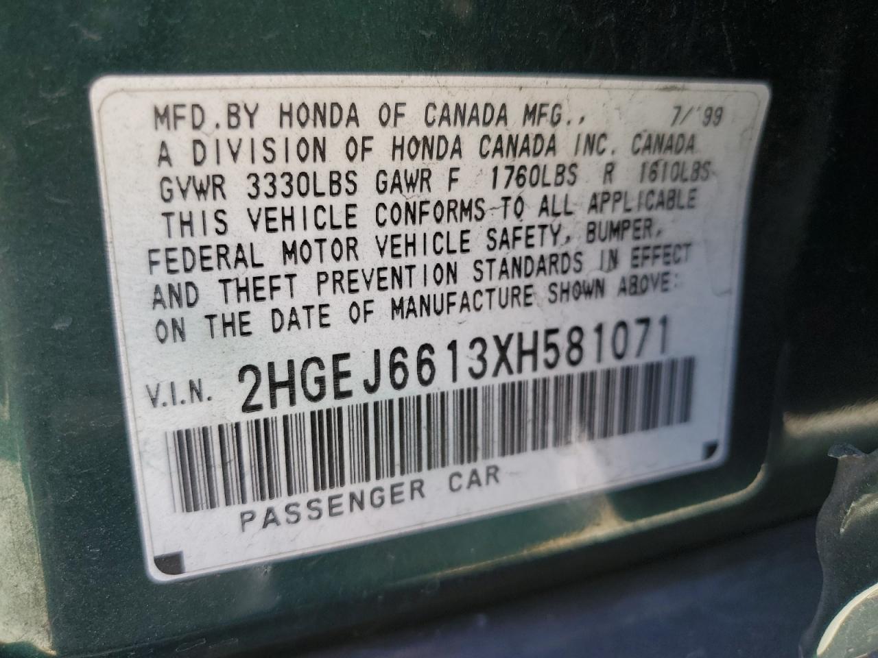 1999 Honda Civic Base VIN: 2HGEJ6613XH581071 Lot: 66200384