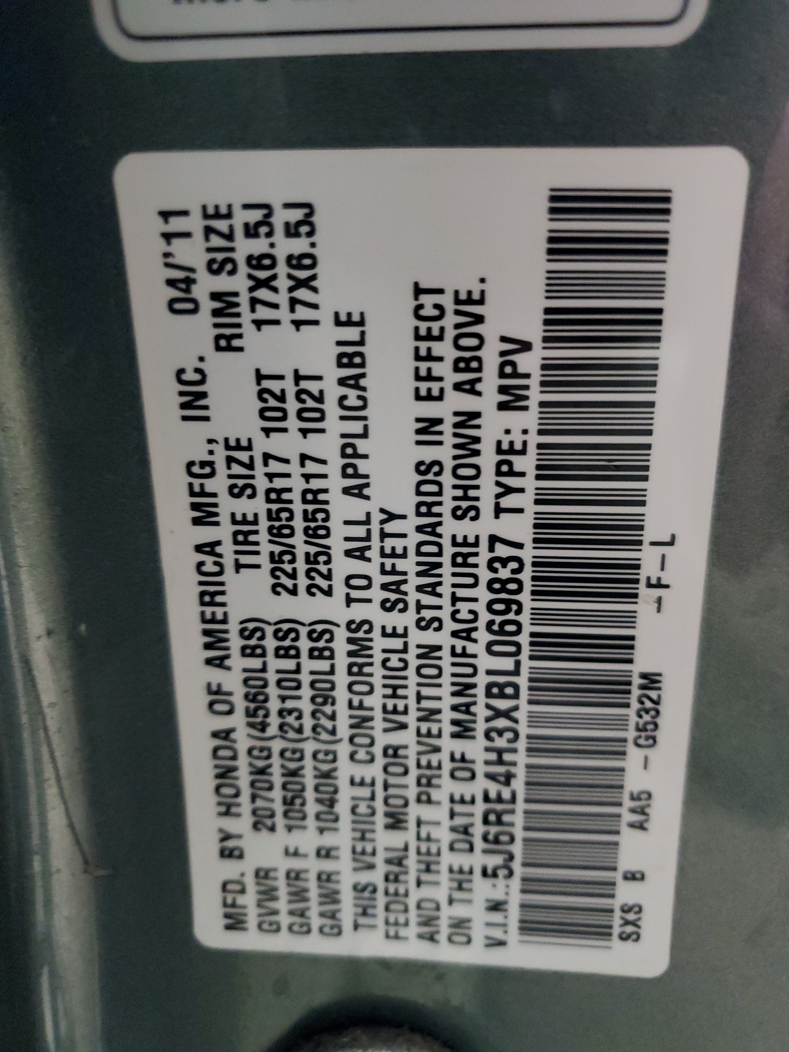 5J6RE4H3XBL069837 2011 Honda Cr-V Lx