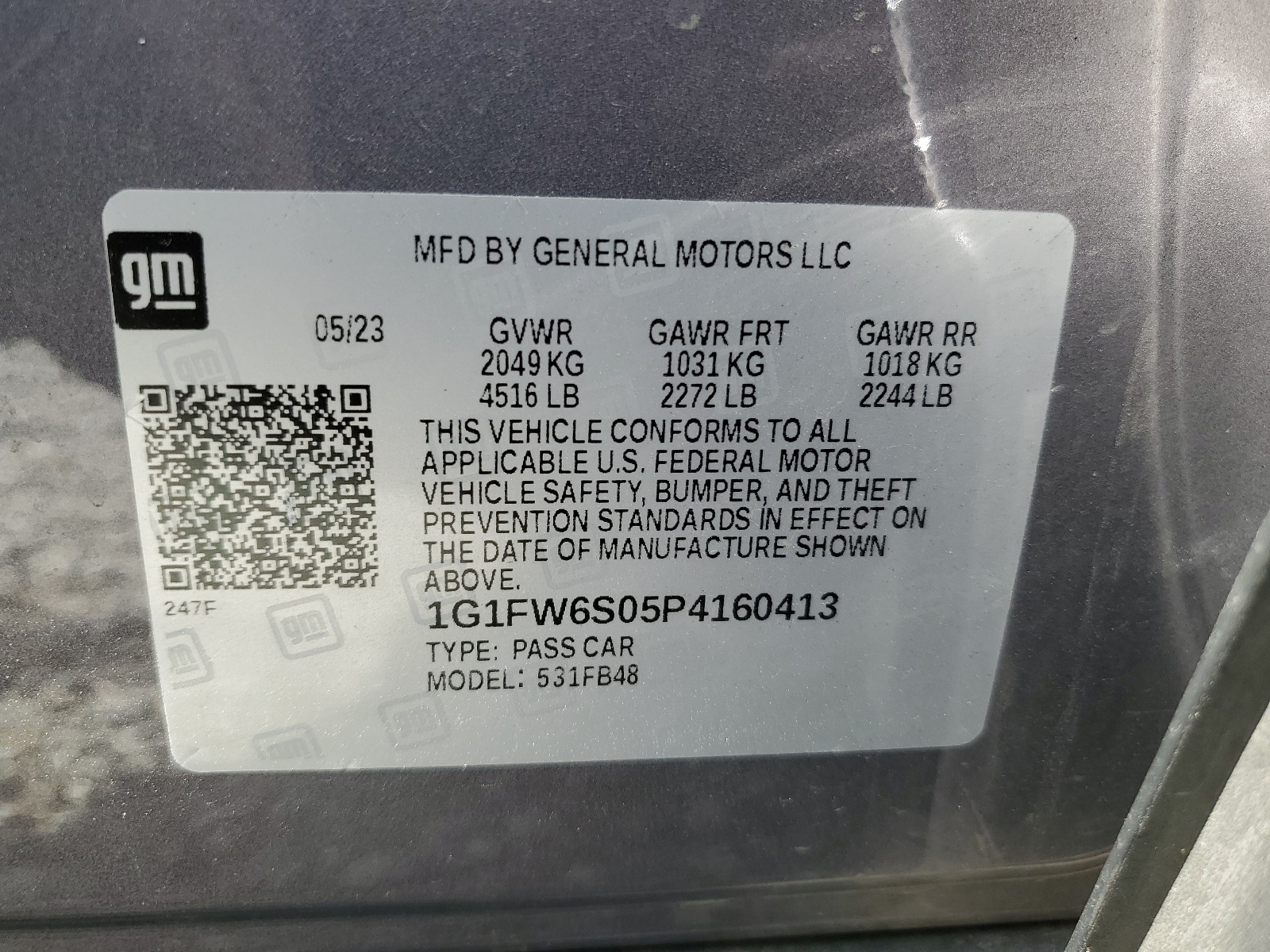 1G1FW6S05P4160413 2023 Chevrolet Bolt Ev 1Lt