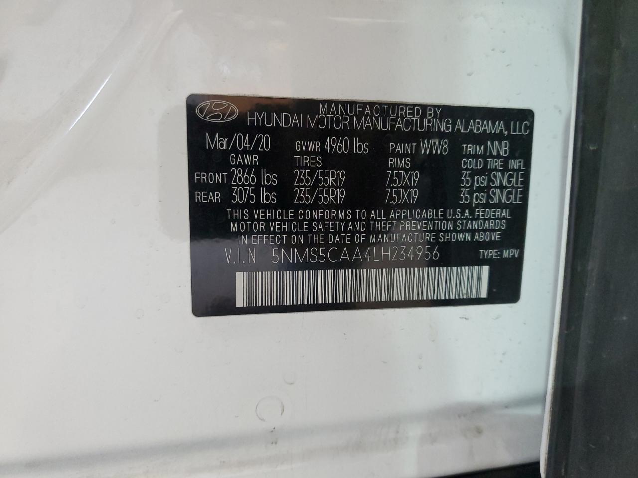 5NMS5CAA4LH234956 2020 Hyundai Santa Fe Limited