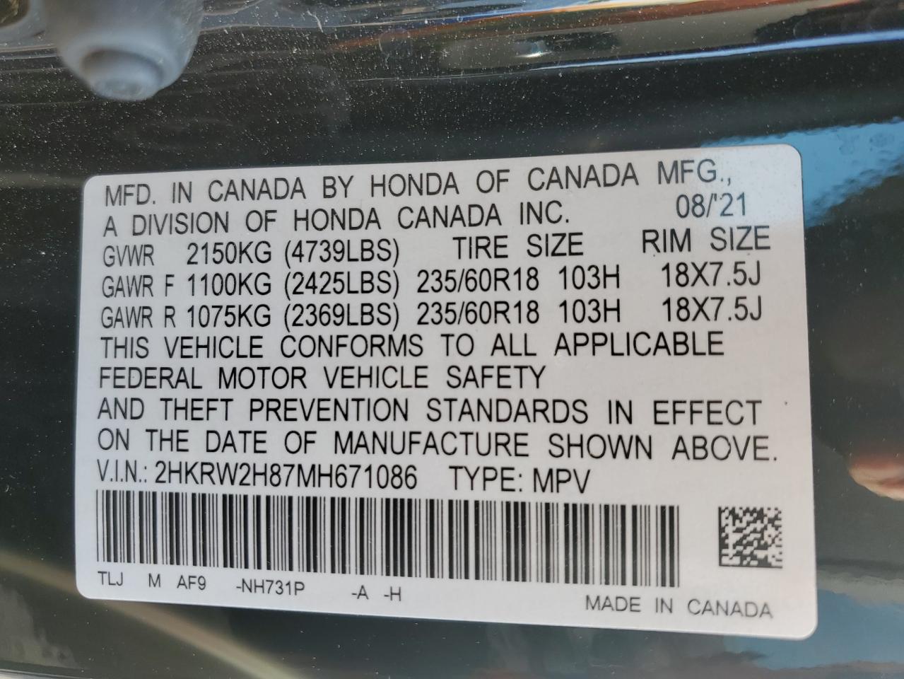 2021 Honda Cr-V Exl VIN: 2HKRW2H87MH671086 Lot: 65785064