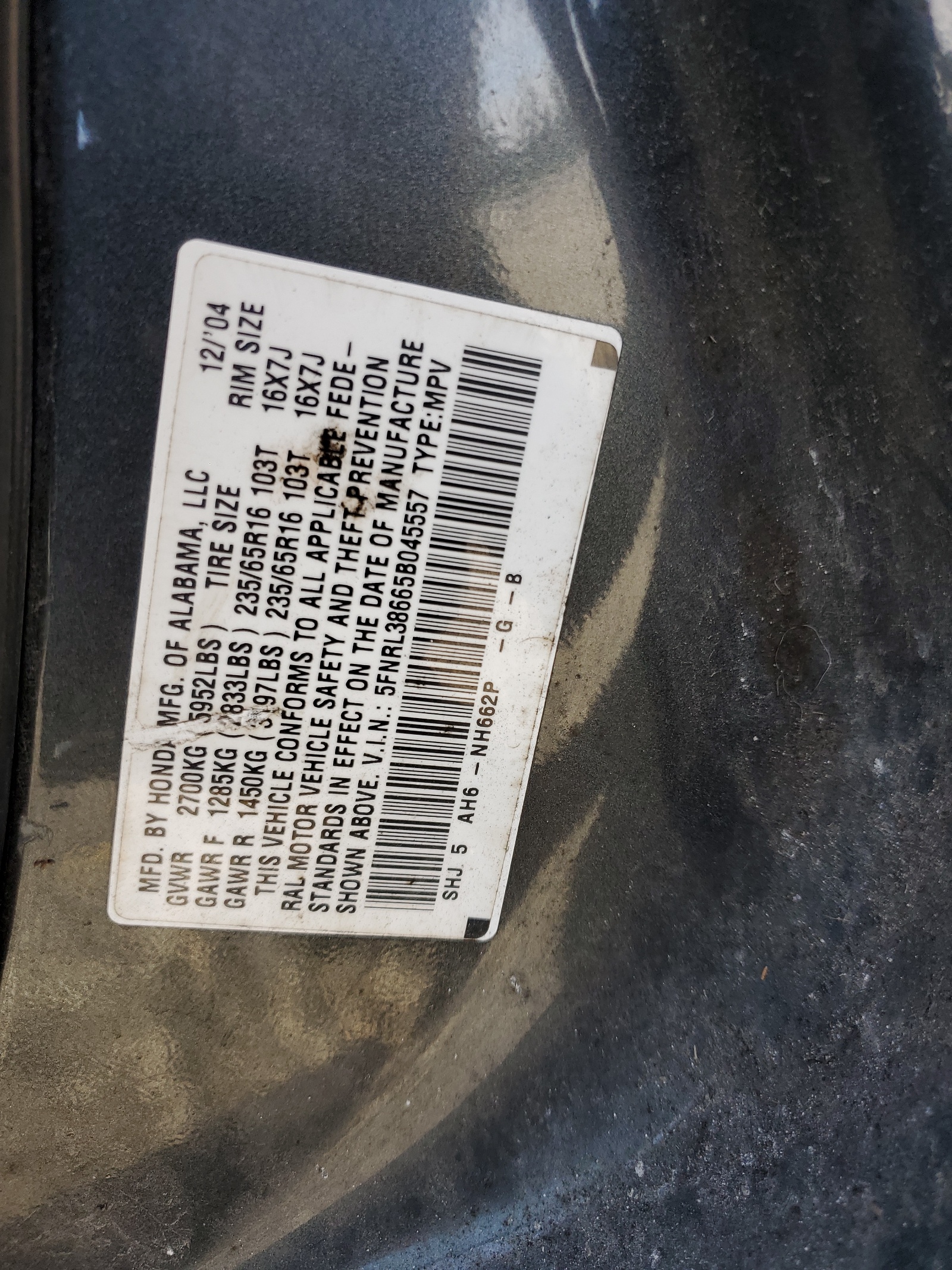 5FNRL38665B045557 2005 Honda Odyssey Exl
