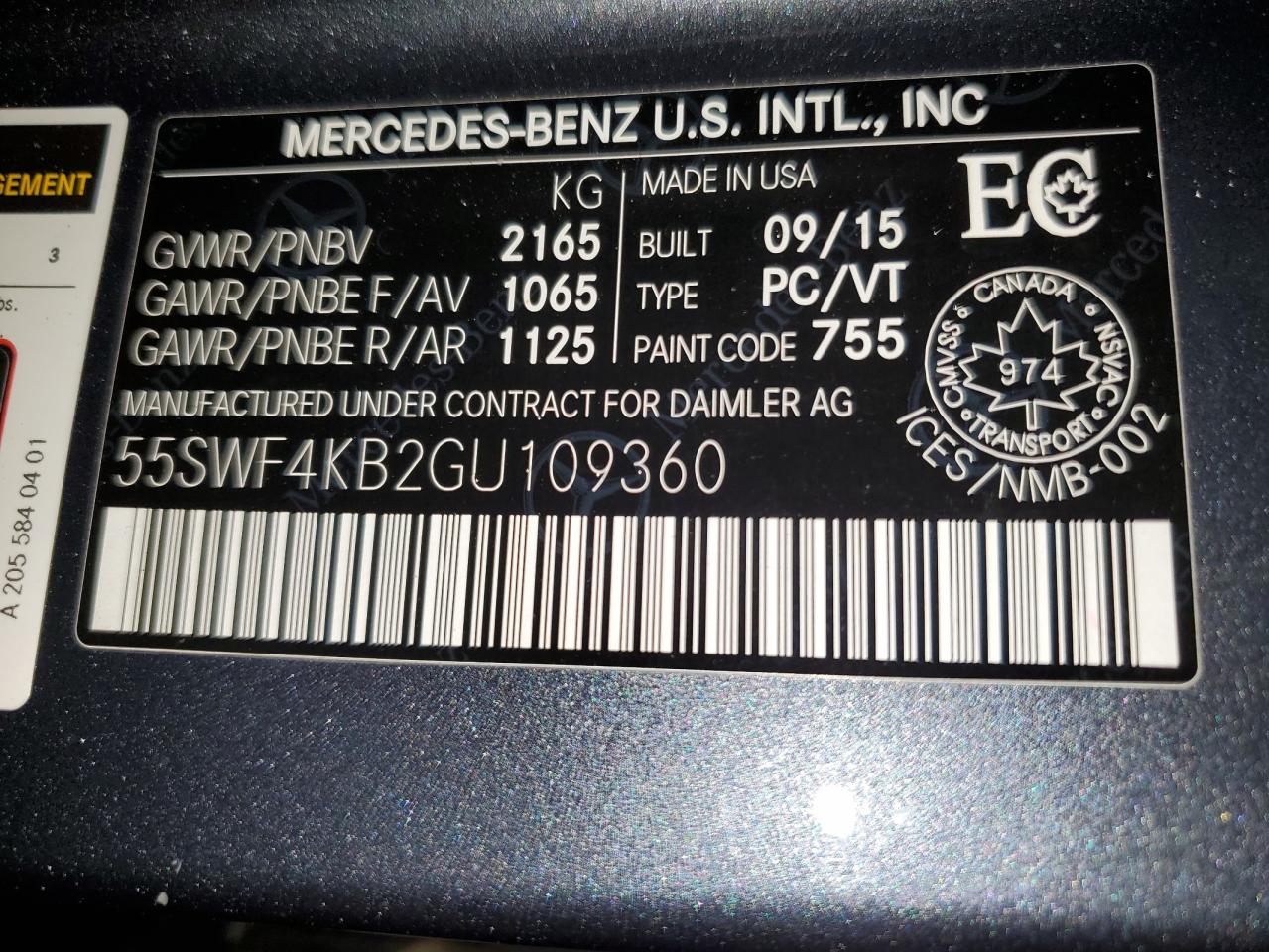 2016 Mercedes-Benz C 300 4Matic VIN: 55SWF4KB2GU109360 Lot: 65827864