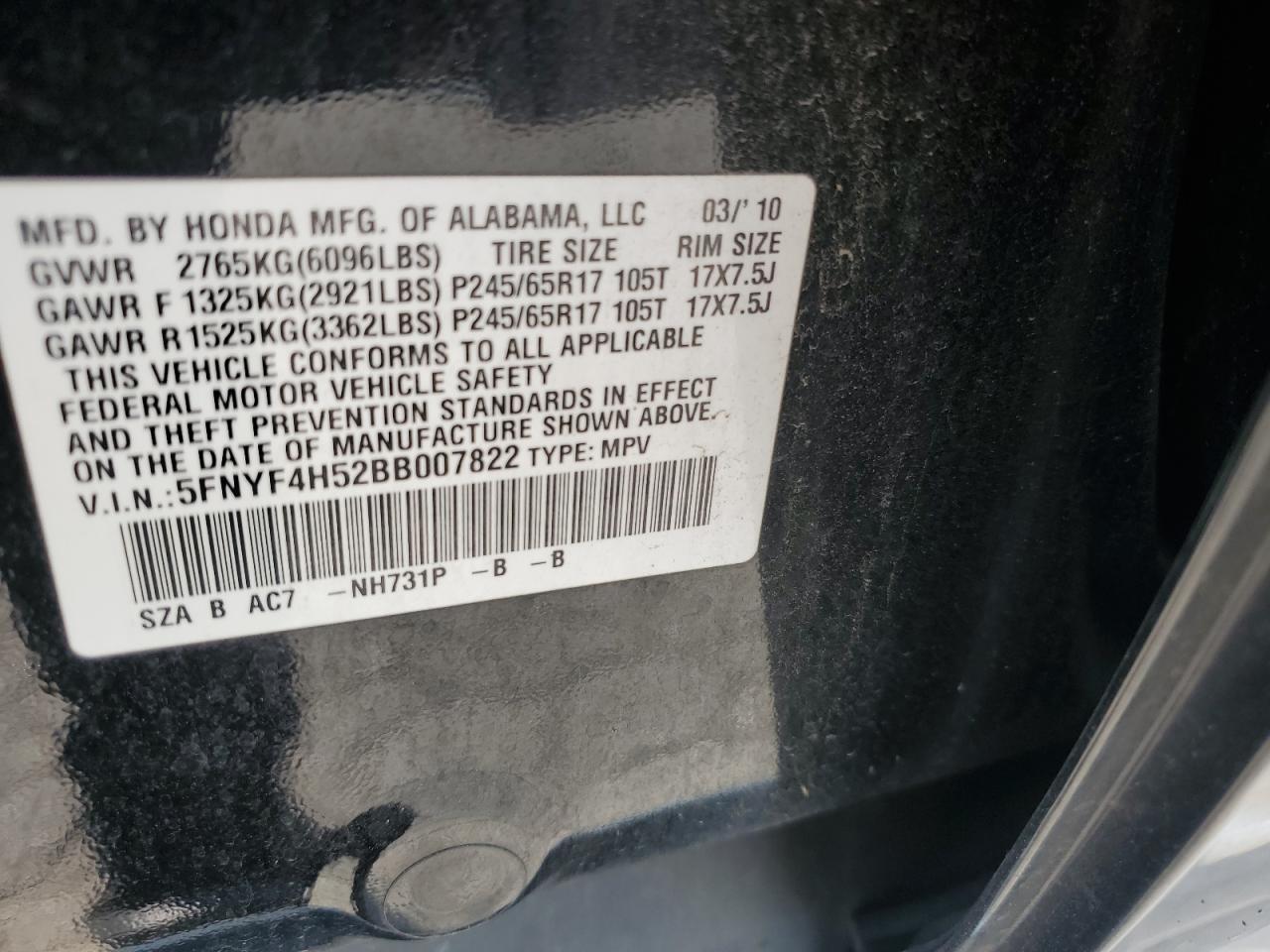 5FNYF4H52BB007822 2011 Honda Pilot Exl