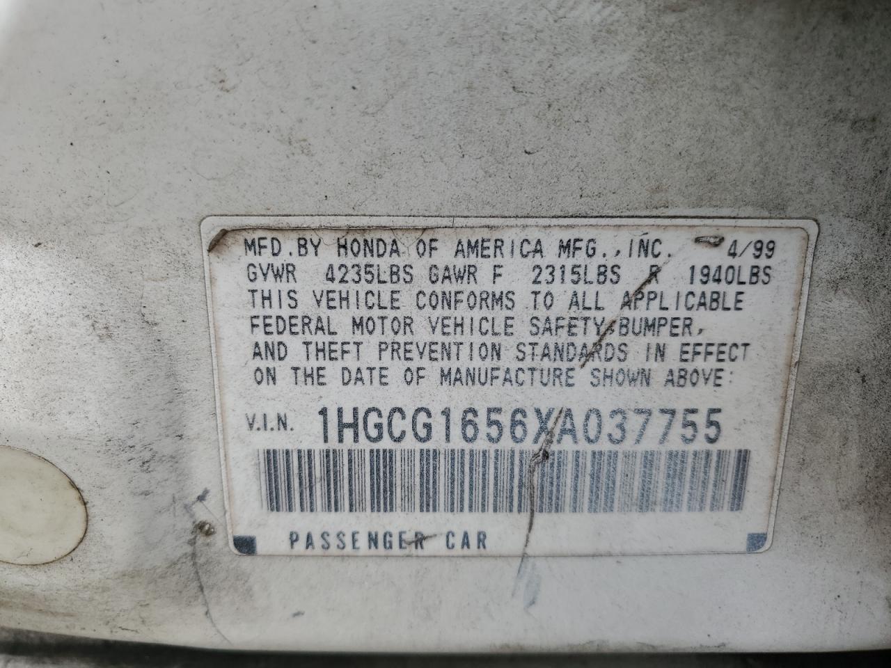 1HGCG1656XA037755 1999 Honda Accord Ex