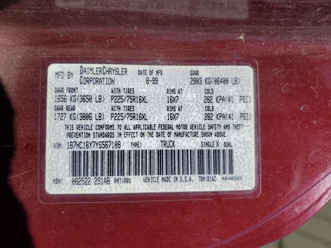 2000 Dodge Ram 1500 VIN: 1B7HC16Y7YS567108 Lot: 68231844