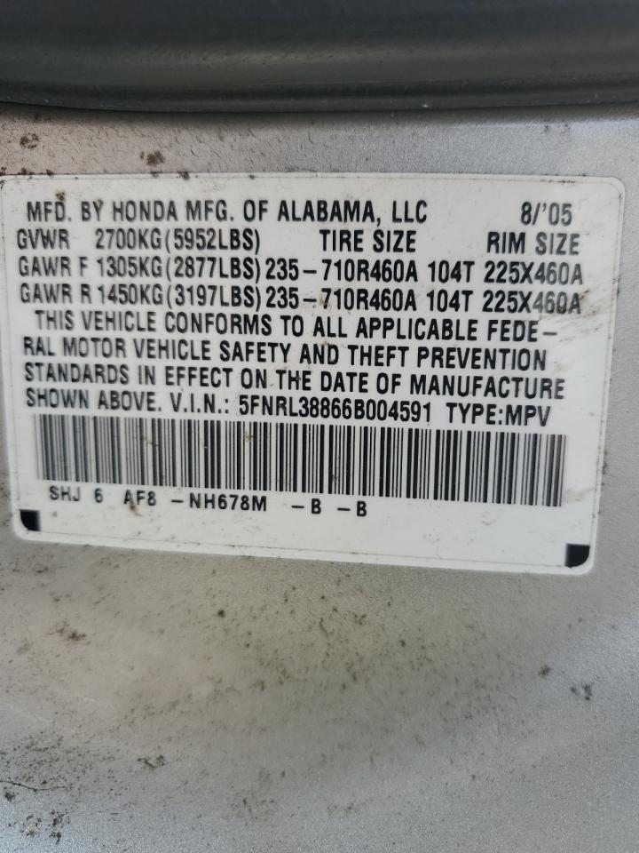 2006 Honda Odyssey Touring VIN: 5FNRL38866B004591 Lot: 68665664