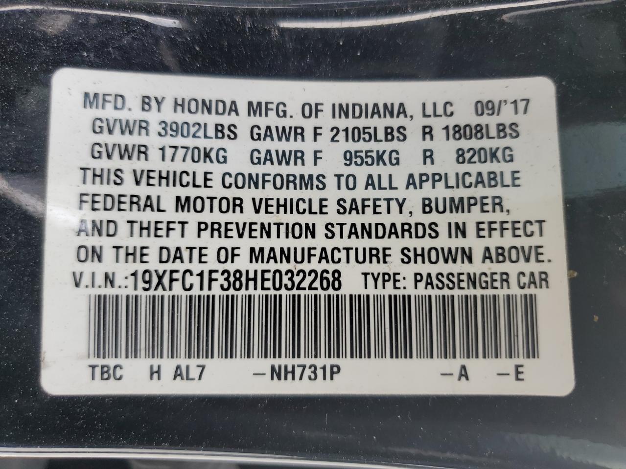 19XFC1F38HE032268 2017 Honda Civic Ex