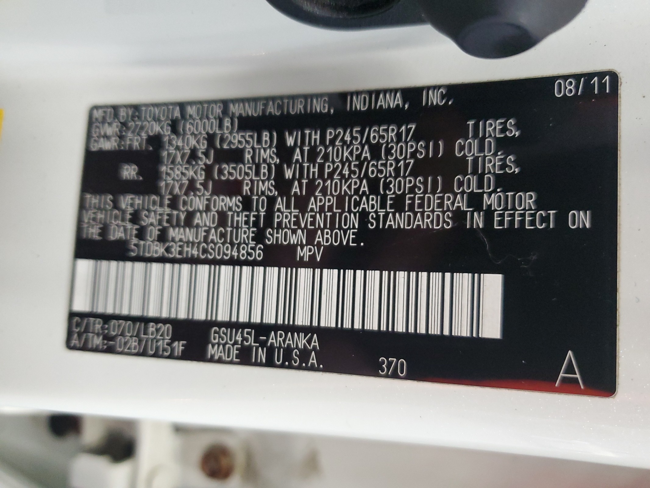 5TDBK3EH4CS094856 2012 Toyota Highlander Base