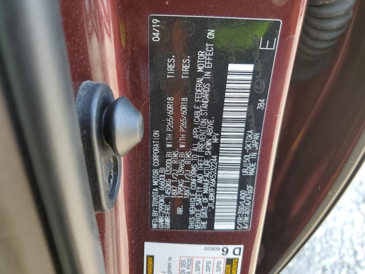 2019 Lexus Gx 460 VIN: JTJBM7FX6K5232244 Lot: 68050854